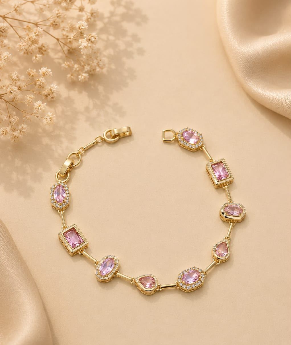 Pulseira Halo — pedras rosa em cravação banhada a ouro 18K