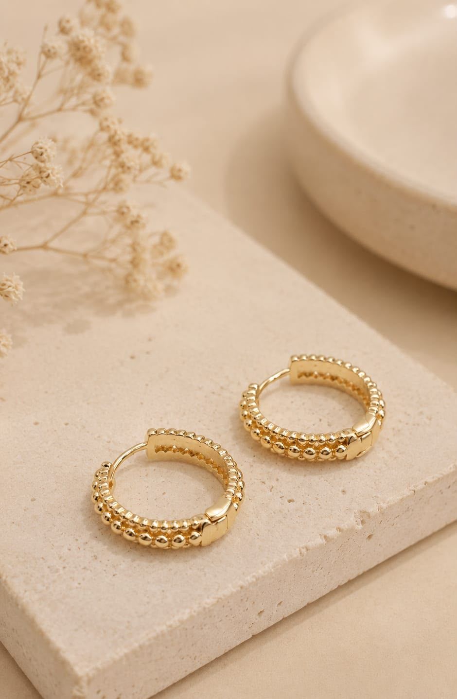 Brinco Argola Beaded — dupla fileira banhado a ouro 18K